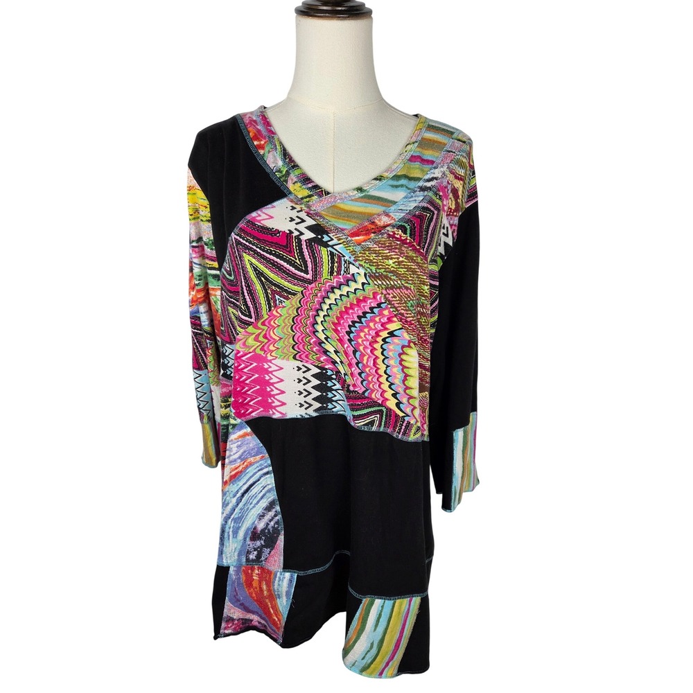 Parsley‎ & Sage Tunic 2X Black Multi Abstract Patchwork 3/4 Sleeve Art to Wear